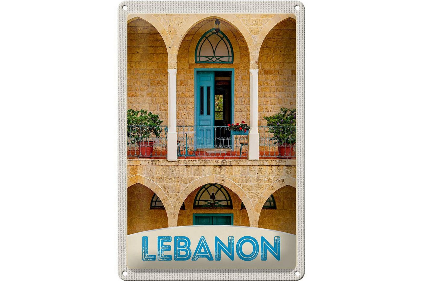 Femer GmbH Metallschild Reise 20x30cm Libanon Gebäude blaue Tür Urlaub, (1 St), gewölbte Oberfläche, abgerundete Ecken, umgeschlagene Kanten von Femer GmbH