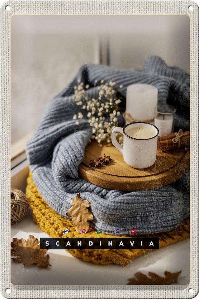 Femer GmbH Metallschild Reise 20x30cm Skandinavien Wolle Kaffee Herbst Kerze, (1 St), gewölbte Oberfläche, abgerundete Ecken, umgeschlagene Kanten von Femer GmbH