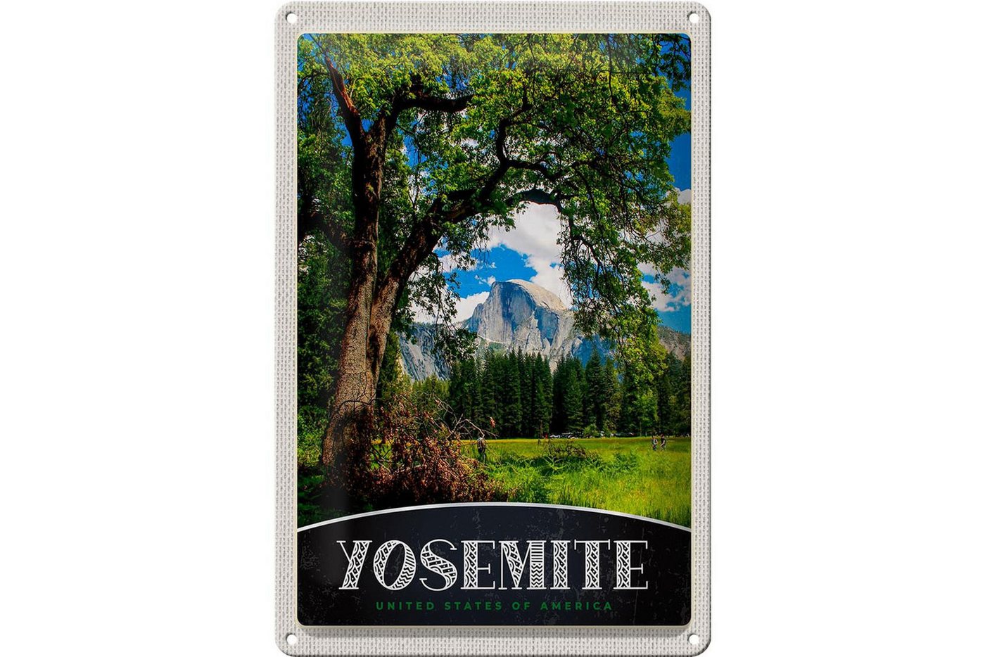 Femer GmbH Metallschild Reise 20x30cm Yosemite Amerika Natur Bäume Gebirge, (1 St), gewölbte Oberfläche, abgerundete Ecken, umgeschlagene Kanten von Femer GmbH