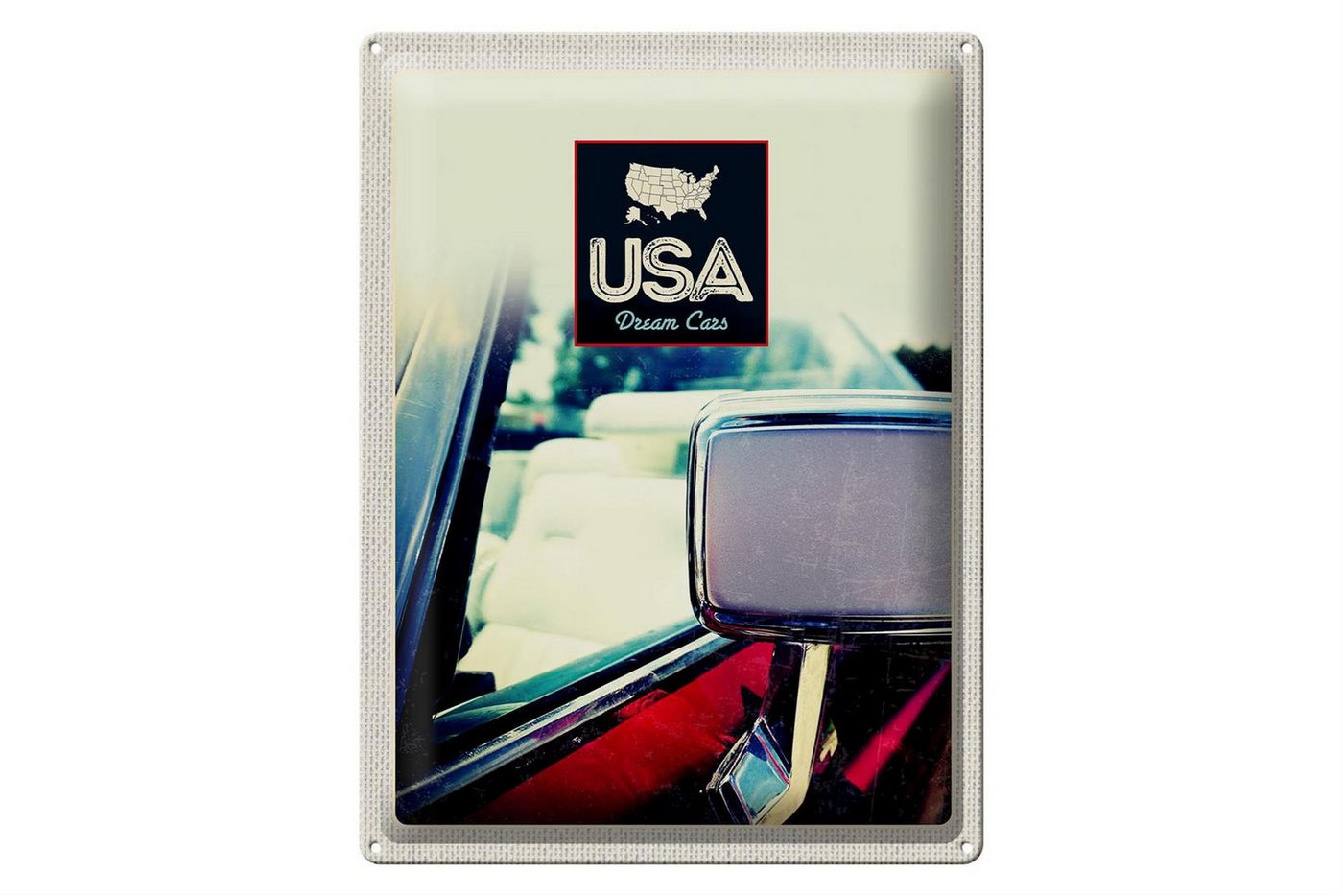 Femer GmbH Metallschild Reise 30x40cm Amerika Fahrzeug Spiegel rot Gemälde, (1 St), gewölbte Oberfläche, abgerundete Ecken, umgeschlagene Kanten von Femer GmbH