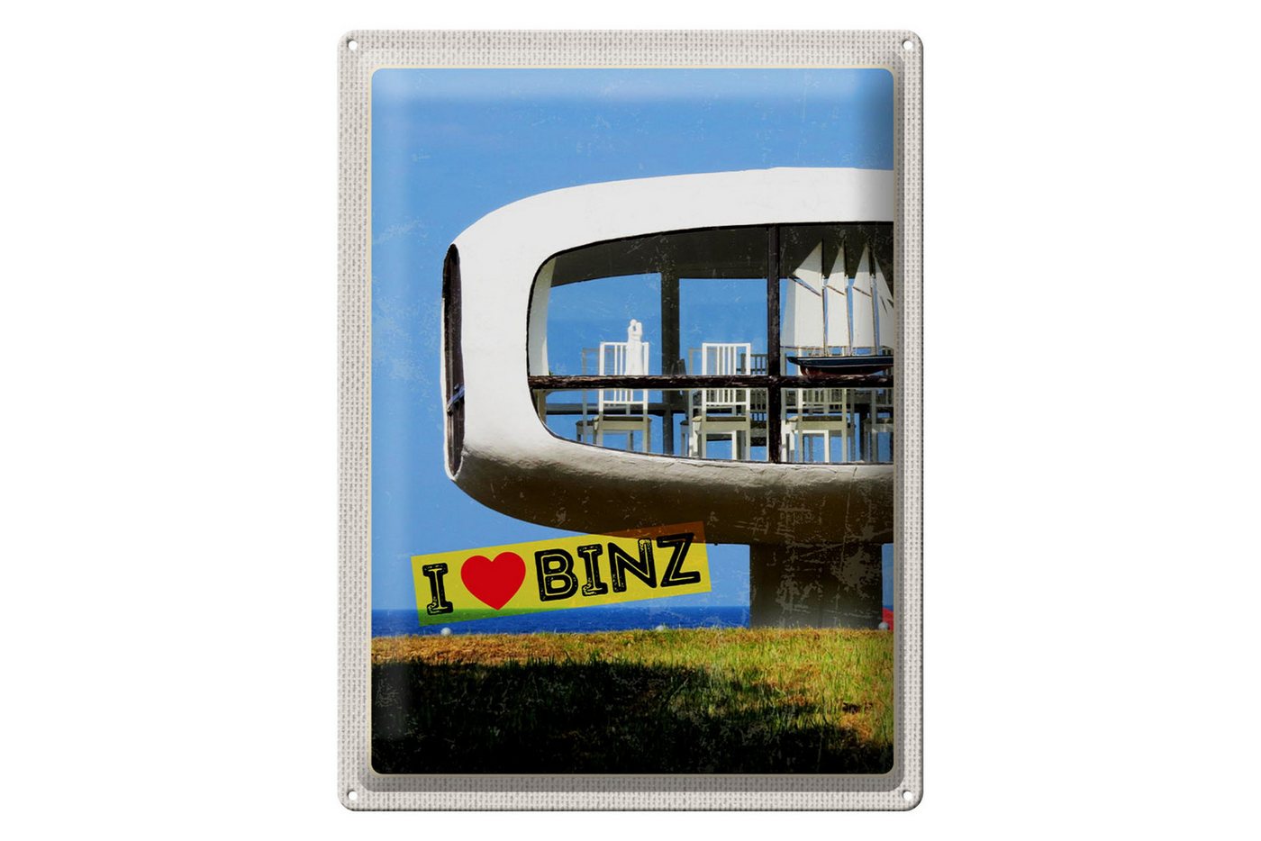 Femer GmbH Metallschild Reise 30x40cm Binz Deutschland Gebäude Stühle Tisch, (1 St), gewölbte Oberfläche, abgerundete Ecken, umgeschlagene Kanten von Femer GmbH