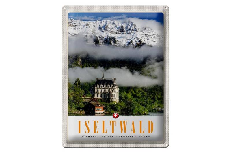 Femer GmbH Metallschild Reise 30x40cm Iseltwald Gebirge Schnee Wald Schloss, (1 St), gewölbte Oberfläche, abgerundete Ecken, umgeschlagene Kanten von Femer GmbH