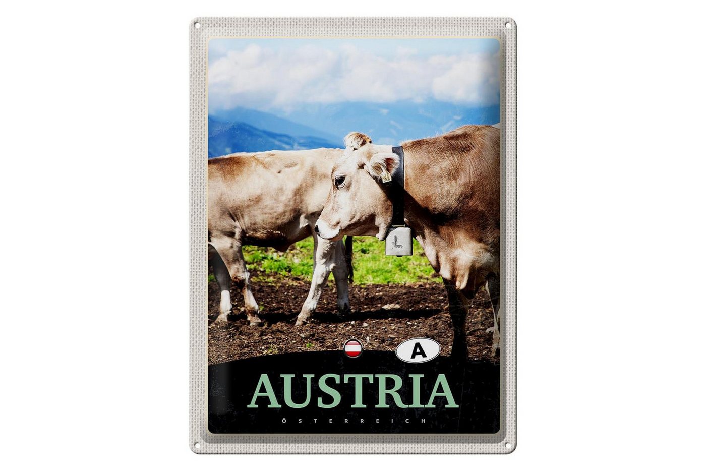 Femer GmbH Metallschild Reise 30x40cm Österreich Kühe Weide Natur, (1 St), gewölbte Oberfläche, abgerundete Ecken, umgeschlagene Kanten von Femer GmbH