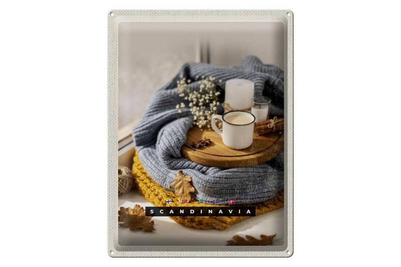 Femer GmbH Metallschild Reise 30x40cm Skandinavien Wolle Kaffee Herbst Kerze, (1 St), gewölbte Oberfläche, abgerundete Ecken, umgeschlagene Kanten von Femer GmbH