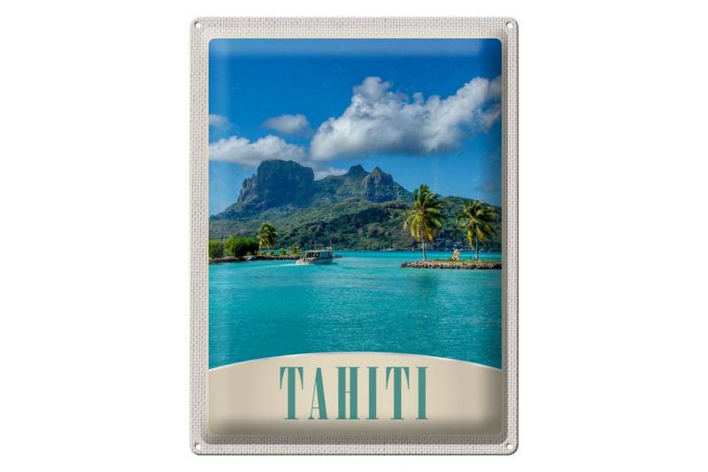 Femer GmbH Metallschild Reise 30x40cm Tahiti Amerika Insel blaues Meer Natur, (1 St), gewölbte Oberfläche, abgerundete Ecken, umgeschlagene Kanten von Femer GmbH