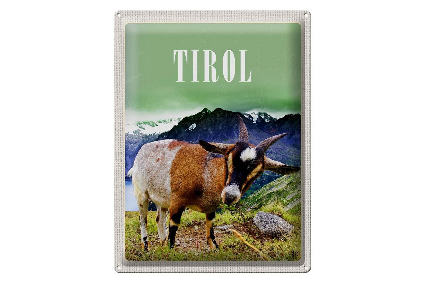 Femer GmbH Metallschild Reise 30x40cm Tirol Europa Ziege Berg Natur Wald, (1 St), gewölbte Oberfläche, abgerundete Ecken, umgeschlagene Kanten von Femer GmbH