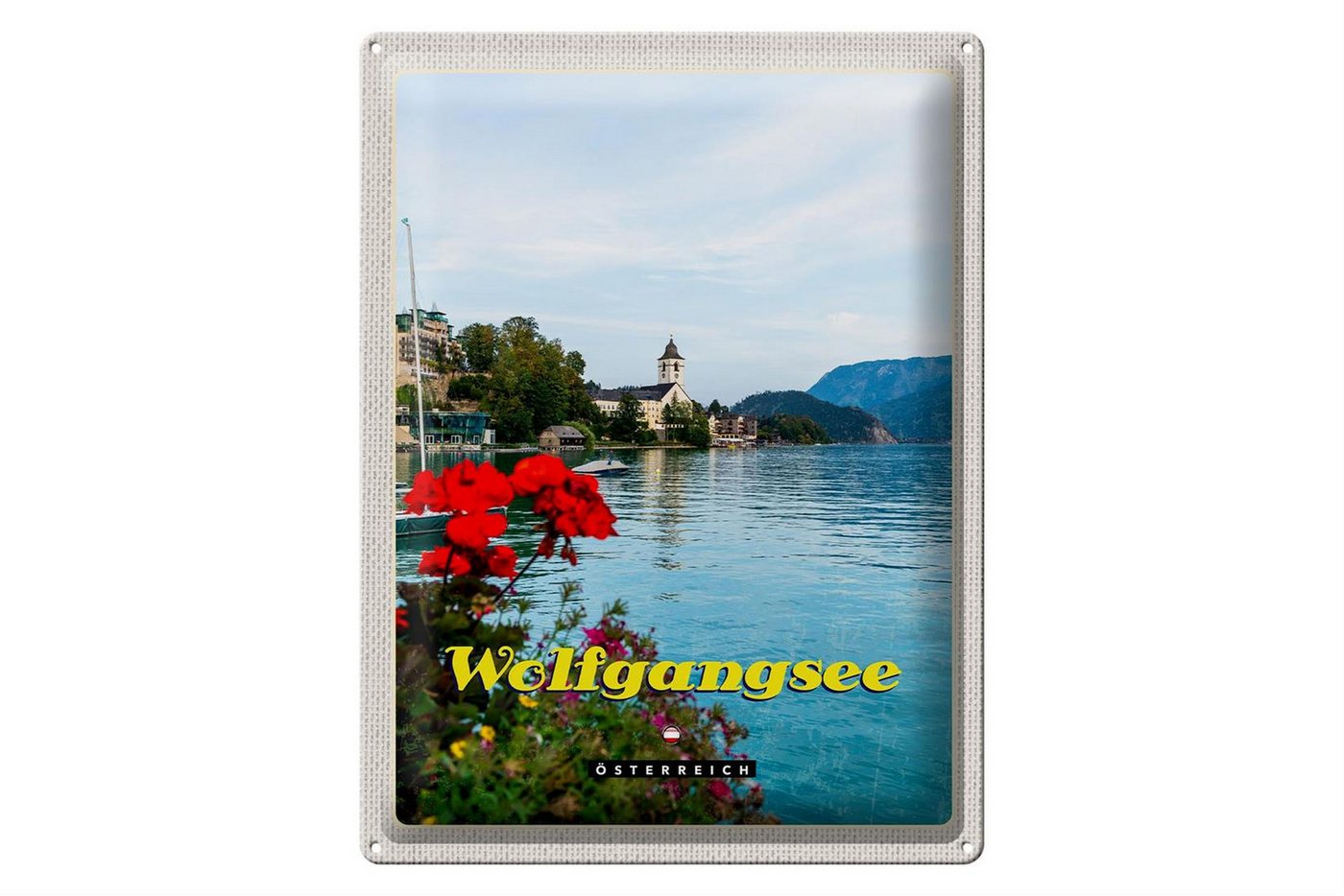 Femer GmbH Metallschild Reise 30x40cm Wolfgangsee See Familienurlaub Natur, (1 St), gewölbte Oberfläche, abgerundete Ecken, umgeschlagene Kanten von Femer GmbH