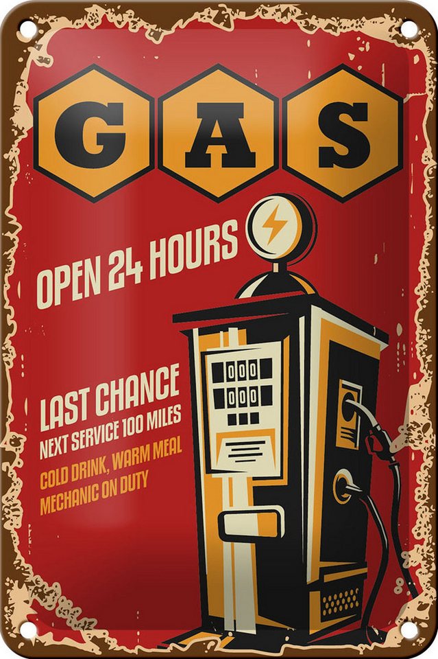 Femer GmbH Metallschild Retro 12x18cm Gas open 24 next service, (1 St), gewölbte Oberfläche, abgerundete Ecken, umgeschlagene Kanten von Femer GmbH