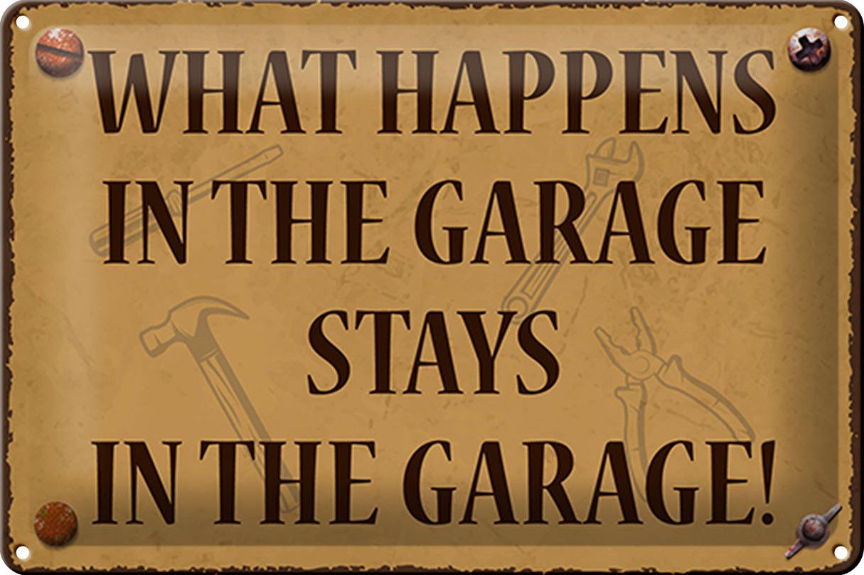 Femer GmbH Metallschild Spruch 30x20cm whats happens in the Garage stays in, (1 St), gewölbte Oberfläche, abgerundete Ecken, umgeschlagene Kanten von Femer GmbH