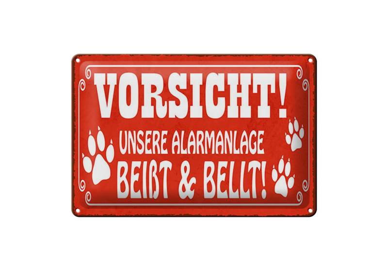 Femer GmbH Metallschild Spruch 30x40 cm Vorsicht Alarmanlage beißt und bellt, (1 St), gewölbte Oberfläche, abgerundete Ecken, umgeschlagene Kanten von Femer GmbH