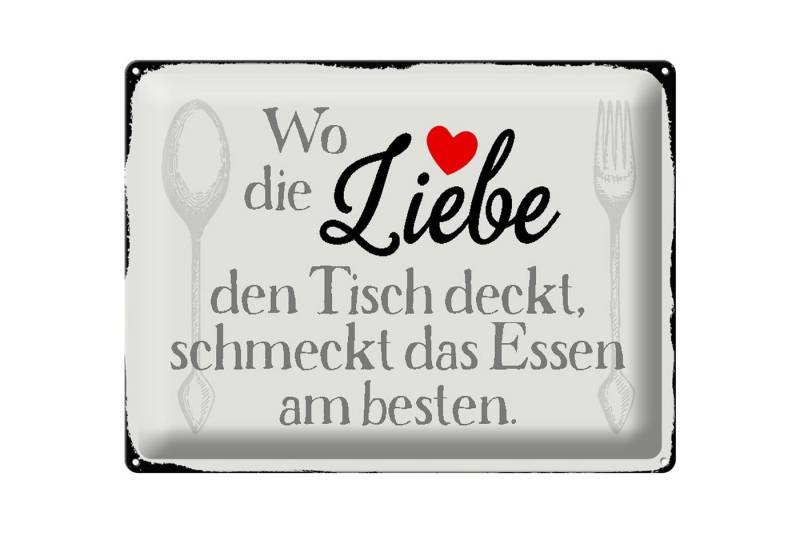 Femer GmbH Metallschild Spruch 40x30cm wo Liebe den Tisch deckt Essen, (1 St), gewölbte Oberfläche, abgerundete Ecken, umgeschlagene Kanten von Femer GmbH