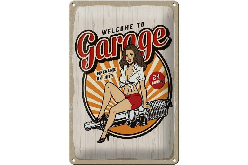 Femer GmbH Metallschild Spruch Pinup Welcome to Garage Mechanic on 20x30cm, (1 St), gewölbte Oberfläche, abgerundete Ecken, umgeschlagene Kanten von Femer GmbH