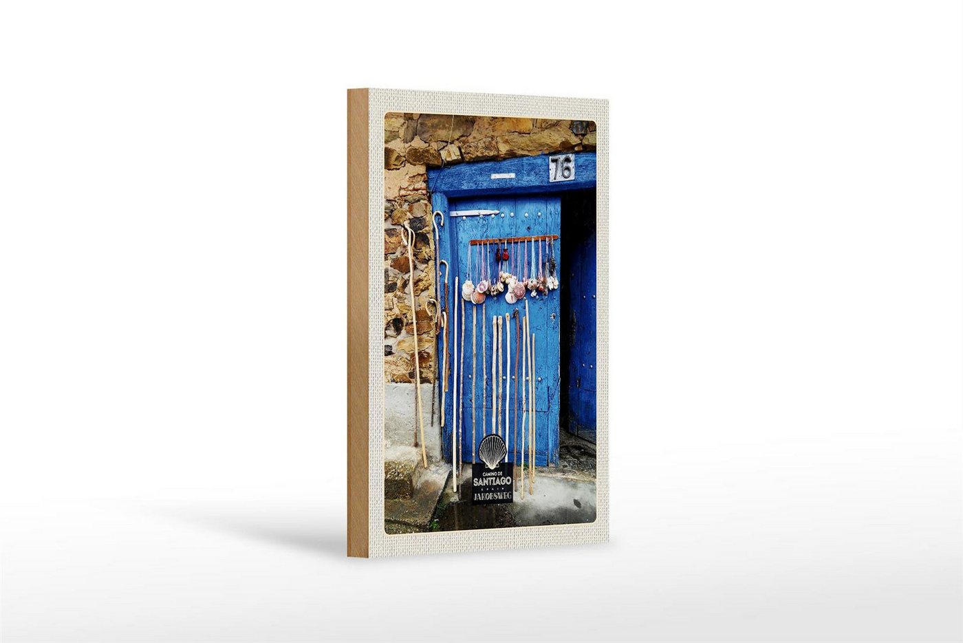 Femer GmbH Holzbild Reise 12x18 cm Spanien Muscheln blaue Tür Gehstock, (1 St), Glatte Holzfaserplatte (MDF), vorn beschichtet von Femer GmbH