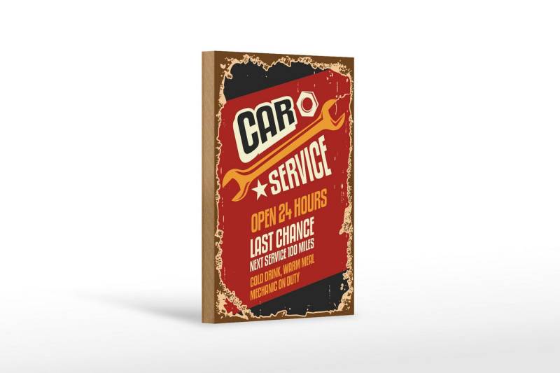 Femer GmbH Holzbild Retro 12x18 cm Car Service open 24 hours Auto, Auto Motorrad Werkstatt Garage, Nostalgie Retro Altes (1 St), Glatte Holzfaserplatte (MDF), vorn beschichtet von Femer GmbH