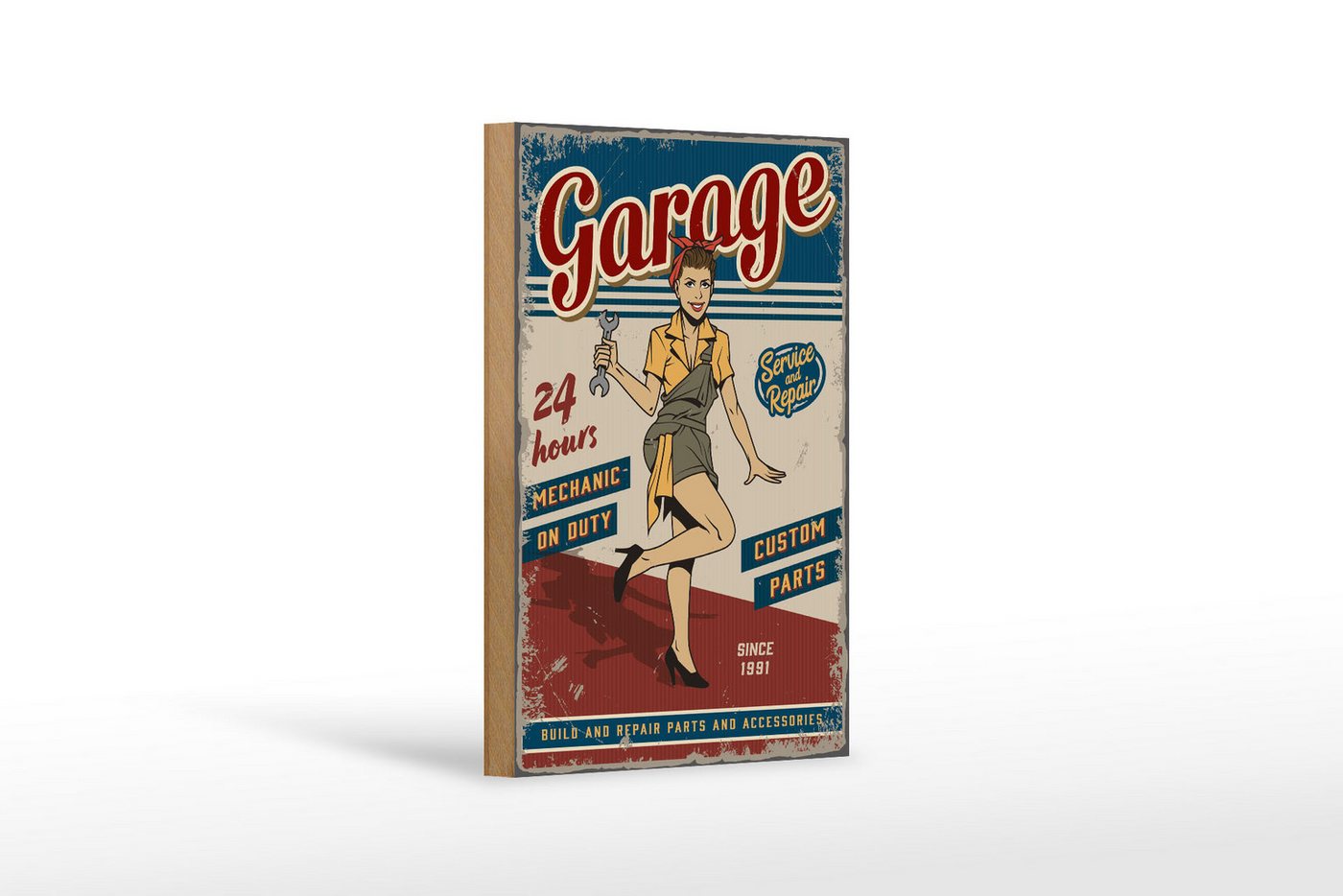 Femer GmbH Holzbild Retro 12x18 cm Pinup Garage 24 hours repair Auto, Auto Motorrad Werkstatt Garage, Nostalgie Retro Altes (1 St), Glatte Holzfaserplatte (MDF), vorn beschichtet von Femer GmbH