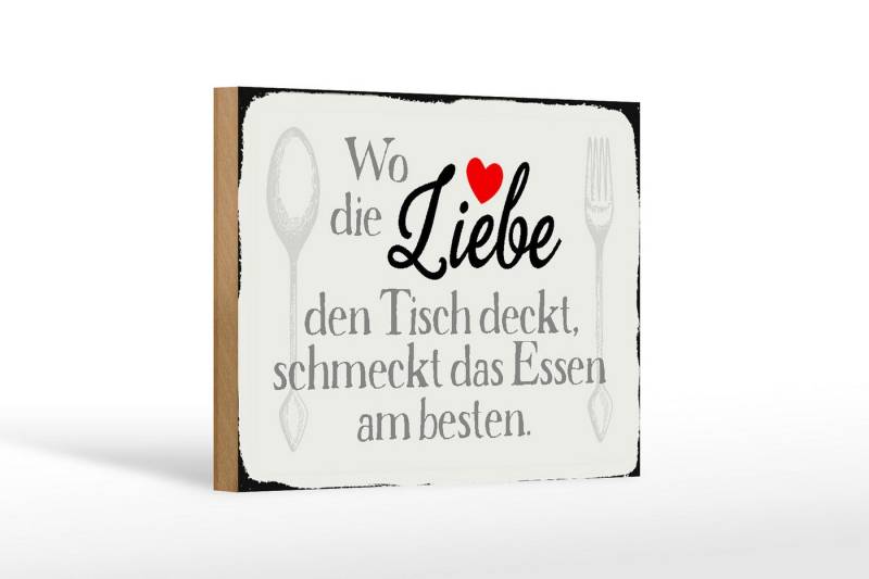 Femer GmbH Holzbild Spruch 18x12 cm wo Liebe den Tisch deckt Essen, Sprüche Zitate Lustiges (1 St), Glatte Holzfaserplatte (MDF), vorn beschichtet von Femer GmbH