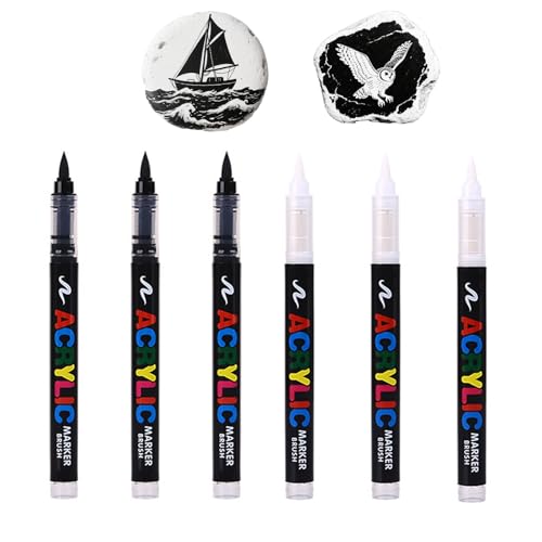 Femnow 6 Acrylstifte für Steine Wasserfest, Acrylstifte Weiß Schwarz Fein Dünn, Acrylic Paint Marker, Acrylmarker, Acryl Stifte, Acrylmarker Set, Acrylic Marker, Acrylfarben Set Stifte für Kinder DIY von Femnow