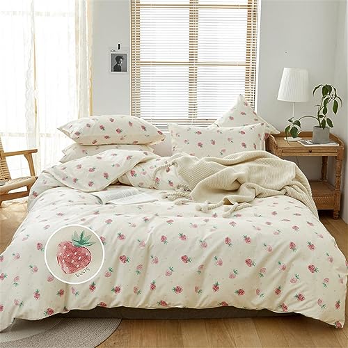 DREAMINGO Süßes Erdbeer-Bettwäsche-Set für Doppelbett, für Kinder, Mädchen, Kawaii-Schlafzimmer-Dekor, Baumwoll-Bettbezug mit Reißverschluss, leicht, 3-teiliges Bettwäsche-Set mit 2 Kissenbezügen, von DREAMINGO