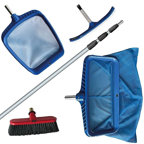 FenWi 8m Teleskop Pool Teich Set mit 2X Kescher und 2X Bürste/Teleskopstange mit Oberflächenkescher Tiefenkescher Poolbürste Teichbürste von FenWi