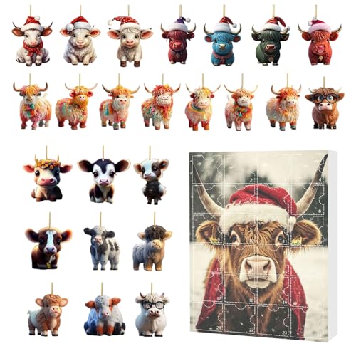 Fenayuu 24 Tage Weihnachtsadventskalender, 2D Acrylic Cute Highland Cow Ornament, Animal Charm Pendants For Window Car Rearview Mirror Wall Door Christmas Tree Decor von Fenayuu