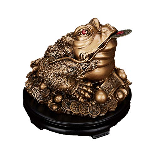 Feng Shui Dekofigur Geldfrosch aus Kunstharz, dreibeinige Kröte / Reichtums-/Geldfrosch auf schwarzem Sockel, für den Schreibtisch, Kunstharz, bronze, Large von Feng Shui