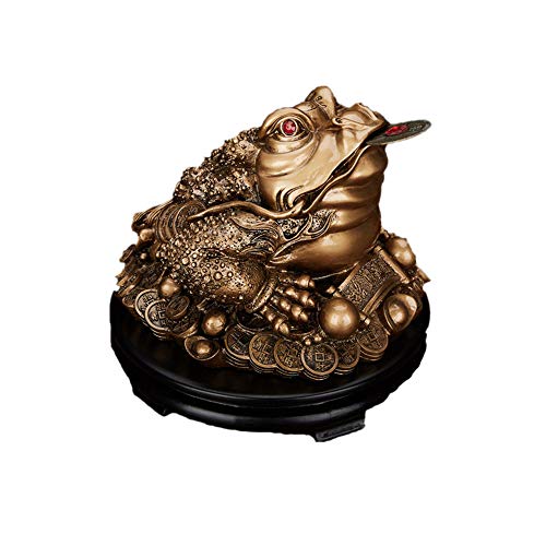 Feng Shui Dekofigur Geldfrosch aus Kunstharz, dreibeinige Kröte / Reichtums-/Geldfrosch auf schwarzem Sockel, für den Schreibtisch, Kunstharz, bronze, M von Feng Shui