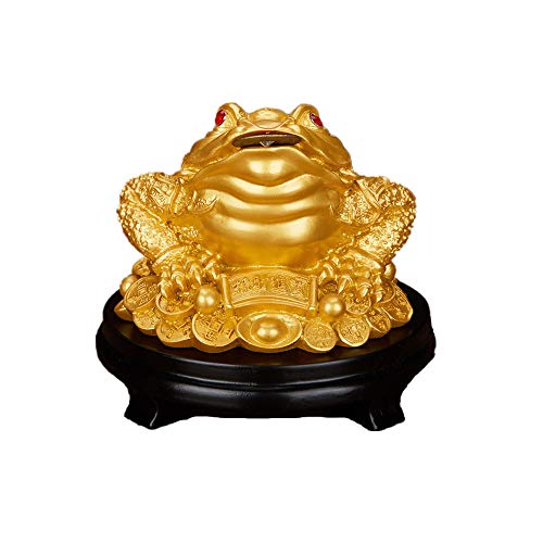 Feng Shui Dekofigur Geldfrosch aus Kunstharz, dreibeinige Kröte / Reichtums-/Geldfrosch auf schwarzem Sockel, für den Schreibtisch, Kunstharz, gold, M von Feng Shui