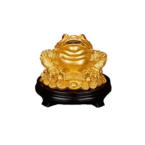 Feng Shui Dekofigur Geldfrosch aus Kunstharz, dreibeinige Kröte / Reichtums-/Geldfrosch auf schwarzem Sockel, für den Schreibtisch, Kunstharz, gold, S von Feng Shui
