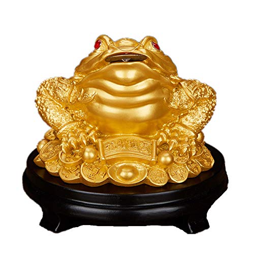 Feng Shui Dekofigur Geldfrosch aus Kunstharz, dreibeinige Kröte / Reichtums-/Geldfrosch auf schwarzem Sockel, für den Schreibtisch, Kunstharz, gold, xl von Feng Shui
