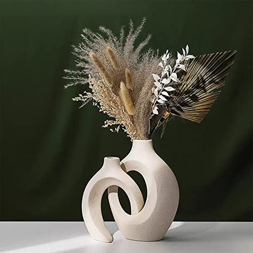 Weiße Keramikvase für Pampasgras, Unregelmäßige Donut-Vase für frische/trockene Blumen, Neutrale Boho Nordic Minimalismus Stil Blumenvasen für Esstisch, Wohnzimmer, Büro, Schlafzimmer (2er-Satz - B) von Fengaim