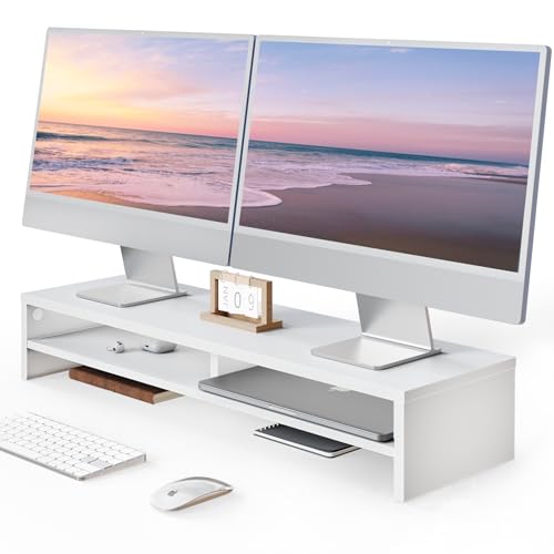 Fenge Dual Monitorständer Riser 2 Etagen Bildschirmständer für Computer PC Laptop Drucker TV, Schreibtisch Organizer Tragfähigkeit 25KG, 80x23,5x14,2cm (Weiß) von Fenge