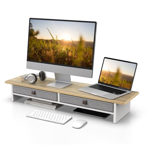 Fenge Dual Monitorständer Riser 2 Etagen Computer Monitor Ständer mit Schublade für PC Laptop Drucker TV, 90x23,5x14,2cm Tragfähigkeit 25KG (Eiche) von Fenge