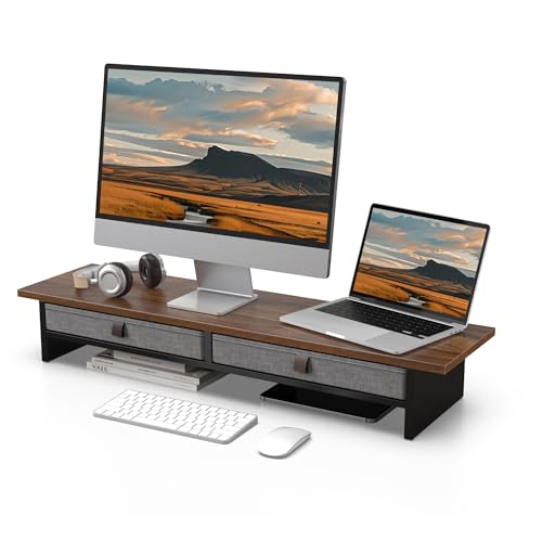 Fenge Dual Monitorständer Riser 2 Etagen Computer Monitor Ständer mit Schublade für PC Laptop Drucker TV, 90x23,5x14,2cm Tragfähigkeit 25KG (Braun) von Fenge