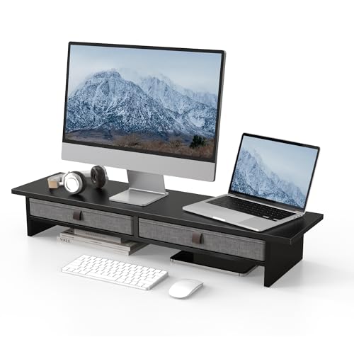Fenge Dual Monitorständer Riser 2 Etagen Computer Monitor Ständer mit Schublade für PC Laptop Drucker TV, 90x23,5x14,2cm Tragfähigkeit 25KG (Schwarz) von Fenge