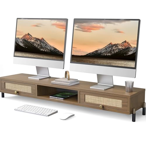 Fenge Dual Monitorständer Riser Großer Computer Bildschirmständer mit Rattan Tür für PC Laptop 2 Monitore TV Printer Tragfähigkeit 45KG, 113×23,5×15,2cm Fenge Dual Monitorständer Riser Großer Computer Bildschirmständer mit Rattan Tür für PC Laptop 2 Monitore TV Printer Tragfähigkeit 45KG, 113×23,5×15,2cm von Fenge