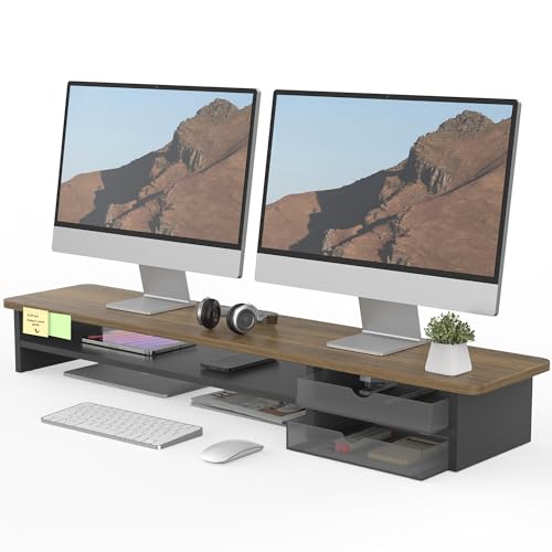 Fenge Dual Monitorständer Riser mit 2 Acryl Schubladen 108cm Große Computer Bildschirmständer für PC/Laptop/Fax/Drucker/TV Bildschirm,Braun+Schwarz von Fenge