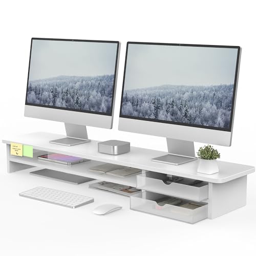Fenge Dual Monitorständer Riser mit 2 Acryl Schubladen 108cm Große Computer Bildschirmständer für PC/Laptop/Fax/Drucker/TV Bildschirm,Weiß von Fenge