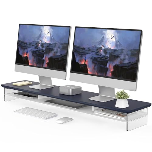 Fenge Acryl Monitorständer Riser 108cm Großer Dual Computermonitorständer mit Metallregal für Laptop/PC/Drucker/TV Bildschirm, Drucker bis 45kg,Blau von Fenge