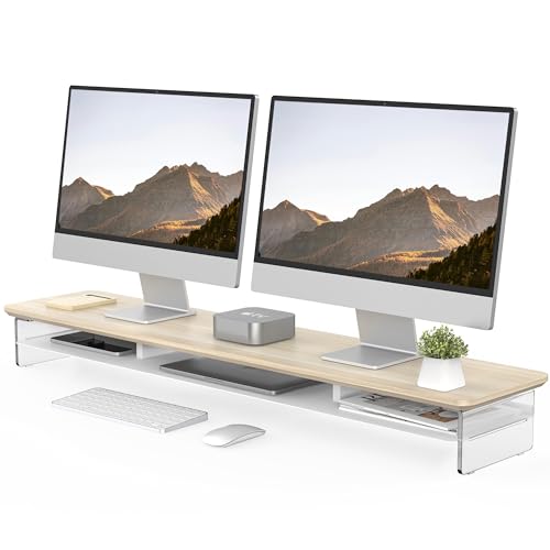 Fenge Acryl Monitorständer Riser 108cm Großer Dual Computermonitorständer mit Metallregal für Laptop/PC/Drucker/TV Bildschirm, Drucker bis 45kg,Eiche von Fenge