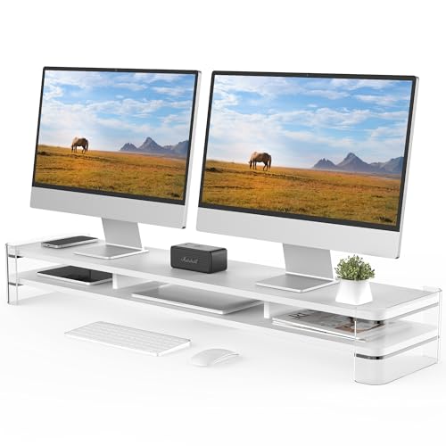 Fenge Dual Monitorständer Riser mit Acrylbein Großer Computer Bildschirmständer für Laptop/PC/Drucker/TV, Tragfähigkeit 45KG, 109,4x23,5x15cm Weiß von Fenge