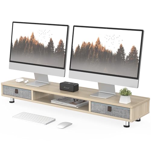 Fenge Dual Monitorständer mit 2 Schublade Großer Bildschirmständer für PC Laptop TV, Höhenverstellbarer Computer Monitorständer 108x23,5x15,2-16,7cm, Eiche von Fenge