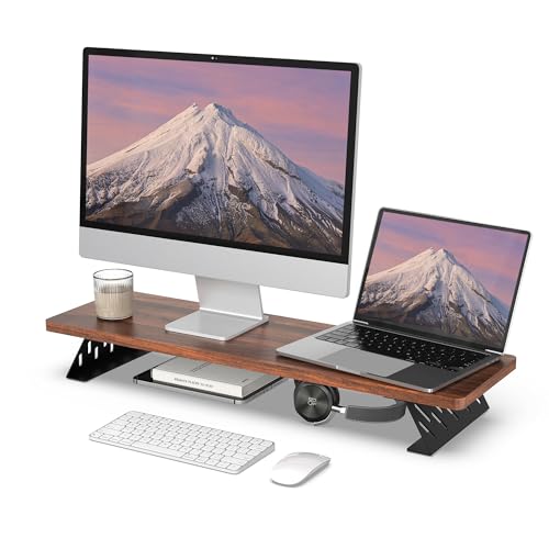 Fenge Dual Monitorständer mit Modernen Metallfüßen Multifunktionaler Bildschirmständer für Computer/PC/Laptop/TV, 80x23,5x10cm Tragfähigkeit 25KG Braun von Fenge