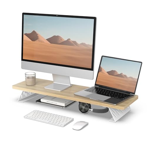 Fenge Dual Monitorständer mit Modernen Metallfüßen Multifunktionaler Bildschirmständer für Computer/PC/Laptop/TV, 80x23,5x10cm Tragfähigkeit 25KG Eiche von Fenge