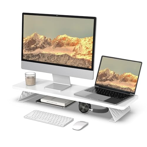 Fenge Dual Monitorständer mit Modernen Metallfüßen Multifunktionaler Bildschirmständer für Computer/PC/Laptop/TV 80x23,5x10cm Tragfähigkeit 25KG Weiß von Fenge