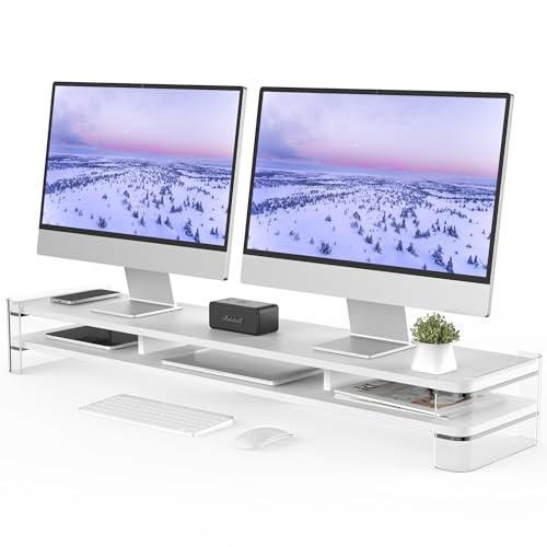 Fenge Dual Monitorständer mit Transparenter Acrylbein Großer Computer Bildschirmständer für Laptop/PC/Drucker/TV-Bildschirm, Drucker bis 45kg, 109,4x23,5x15cm Weiß von Fenge