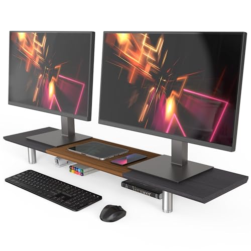 Fenge Großer Monitorständer 100cm Dual Monitor Stands Riser mit Höhenverstellbarem Bein,Multifunktionaler Computer Stand für PC/Laptop/TV, 100x23.5x(9.2-11.2) cm Braun + Schwarz von Fenge