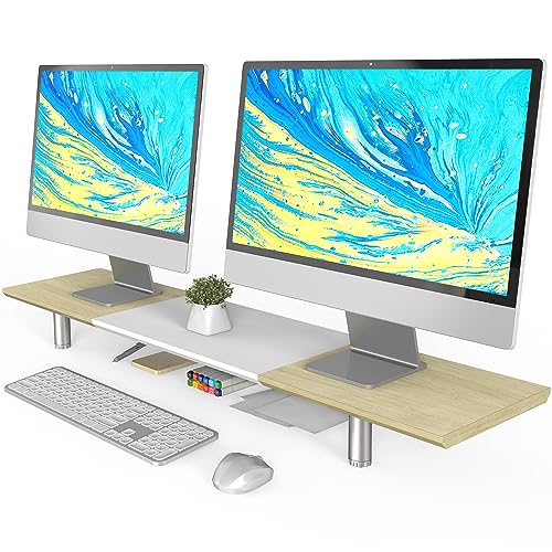 Fenge Großer Monitorständer 100cm Dual Monitor Stands Riser mit Höhenverstellbarem Bein,Multifunktionaler Computer Stand für PC/Laptop/TV, 100x23.5x(9.2-11.2) cm Weiß + Eiche von Fenge