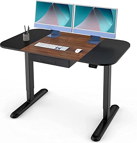 Fenge Höhenverstellbarer Schreibtisch Elektrisch, Runde Tischecke, Sitz-Steh-Schreibtisch mit Schubladen und Kopfhörerhaken, Tischgestell mit Tischplatte, 120 x 60 cm, Braun und Schwarz von Fenge