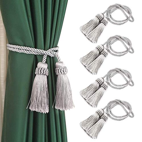 Fenghuangwu 4 Stück Vorhang-Raffhalter handgemachte dekorative Vorhanghalterungen Seil mit doppelköpfiger Quaste (Silber) von Fenghuangwu