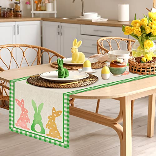 Fennoral Ostern Tischläufer Leinen Ostertischläufer mit Hase Osterei Muster 35x183 cm grün Ostern-Tischläufer Frühling Osterparty Tischdekoration für drinnen und draußen Esstisch von Fennoral